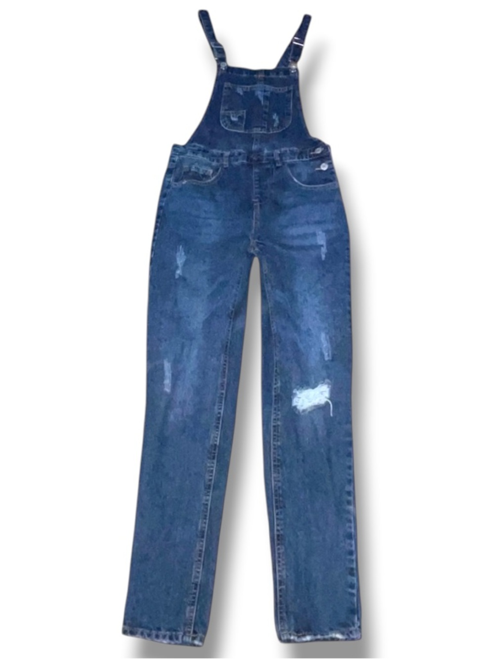 Denim & Co medium dark wash distressed denim overalls